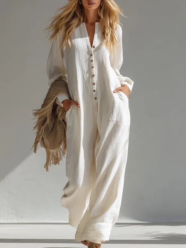 Elegant And Casual White Cotton And Linen Jumpsuit sold by Oyrosy