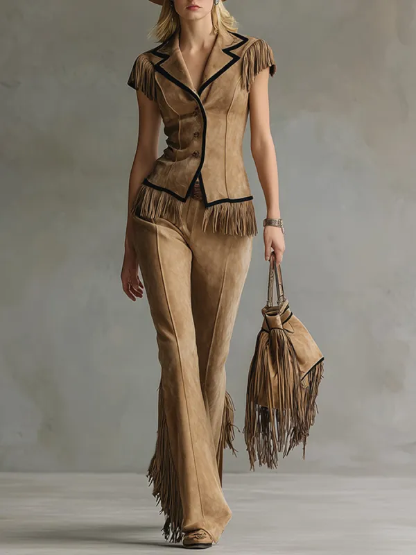 Retro Classic Western Style Fringed Camel-colored Faux Suede Vest And Pants Set sold by Oyrosy