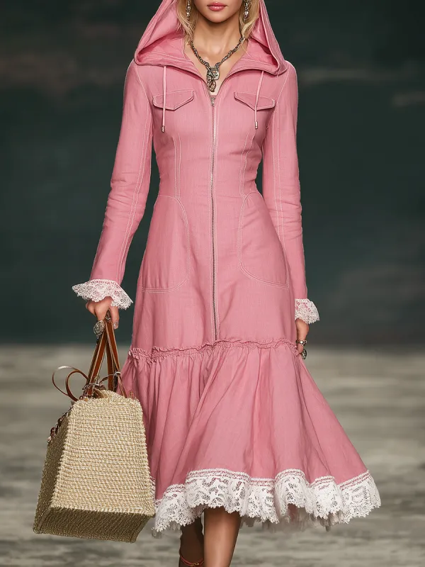 Stylish Pink Cotton And Linen Blend Hooded Zip-up  With Lace Detailing Maxi Dress sold by Oyrosy