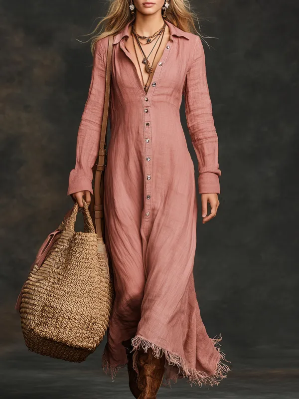 Stylish Pink Linen With Button-down Front And Frayed Hem  Maxi Dress sold by Oyrosy