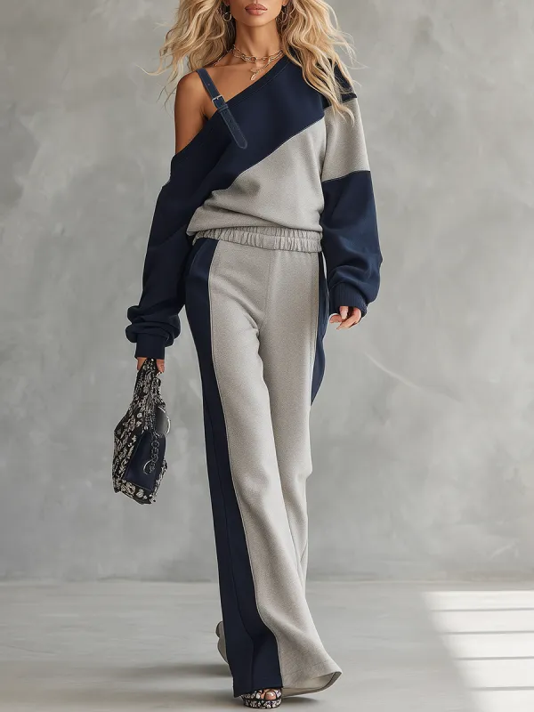 Casual Sportswear Patchwork One-shoulder Sweatshirt And Sweatpants Set sold by Oyrosy