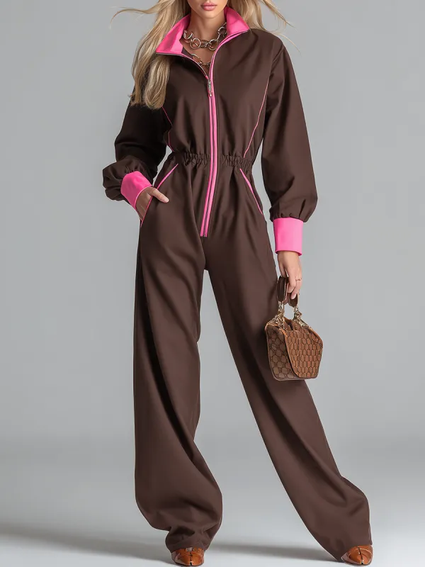 Vintage Sporty Color-block Trim Long-sleeved Jumpsuit sold by Oyrosy