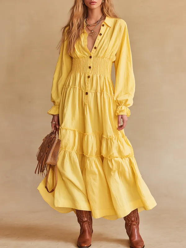 Vintage-style V-neck Ruffled Cotton And Linen Midi Dress sold by Oyrosy