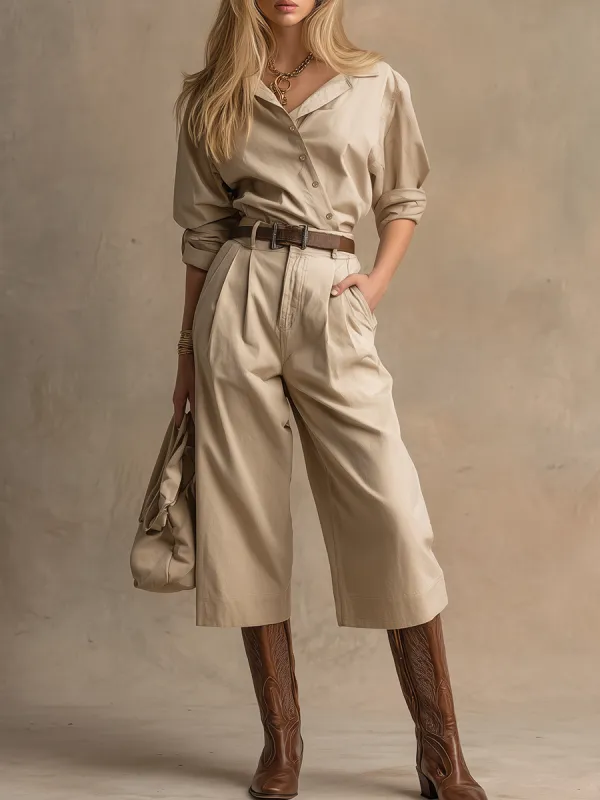 Retro Casual Bias Placket Shirt And Capri Pants Set sold by Oyrosy