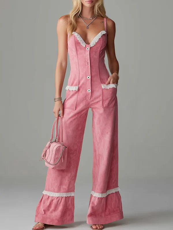 Vintage Western Style V-neck Thin Straps Lace Trim Faux Suede Jumpsuit sold by Oyrosy