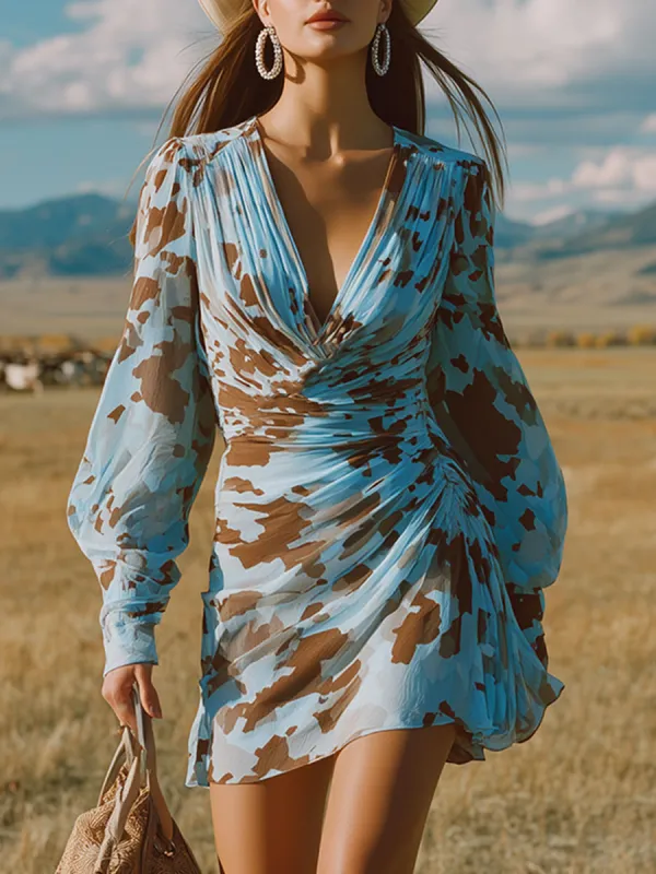 Retro Western Style Brown Cow Print Blue Chiffon Mini Dress sold by Oyrosy