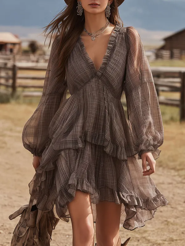 Retro Western-style Brown Checkered Chiffon Mini Dress sold by Oyrosy