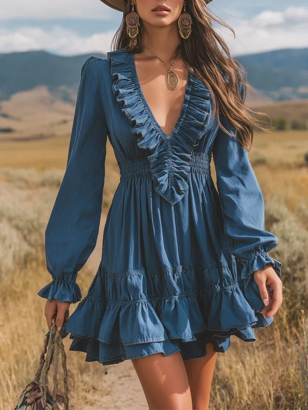 Western-style Vintage Blue Ruffled V-neck Mini Dress sold by Oyrosy