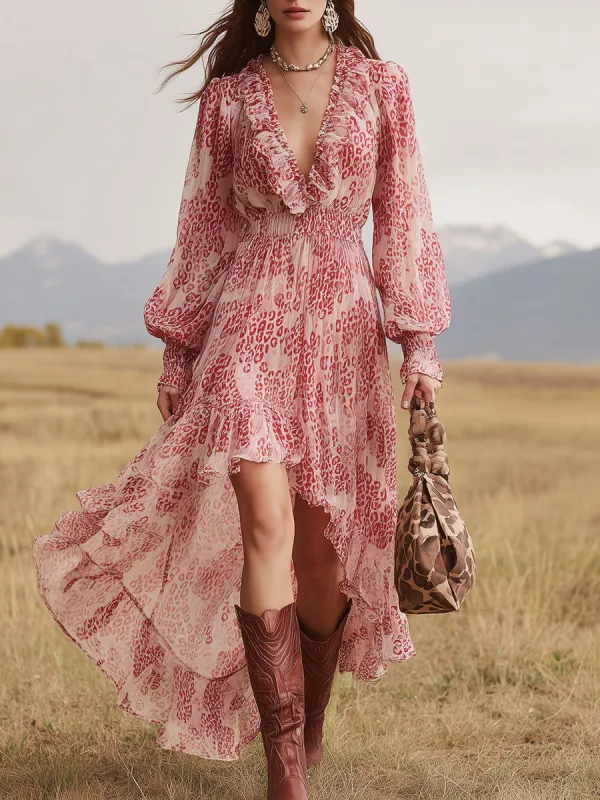 Western-style Vintage Pink Leopard Print Chiffon Midi Dress sold by Oyrosy