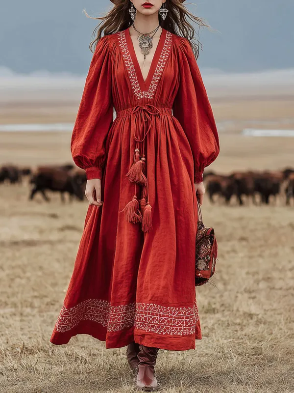 Western-style Vintage Embroidered Red Cotton And Linen Maxi Dress sold by Oyrosy