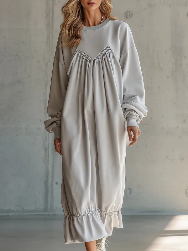 Casual Sporty Pleated Ruffle Gray Maxi Dress sold by Oyrosy