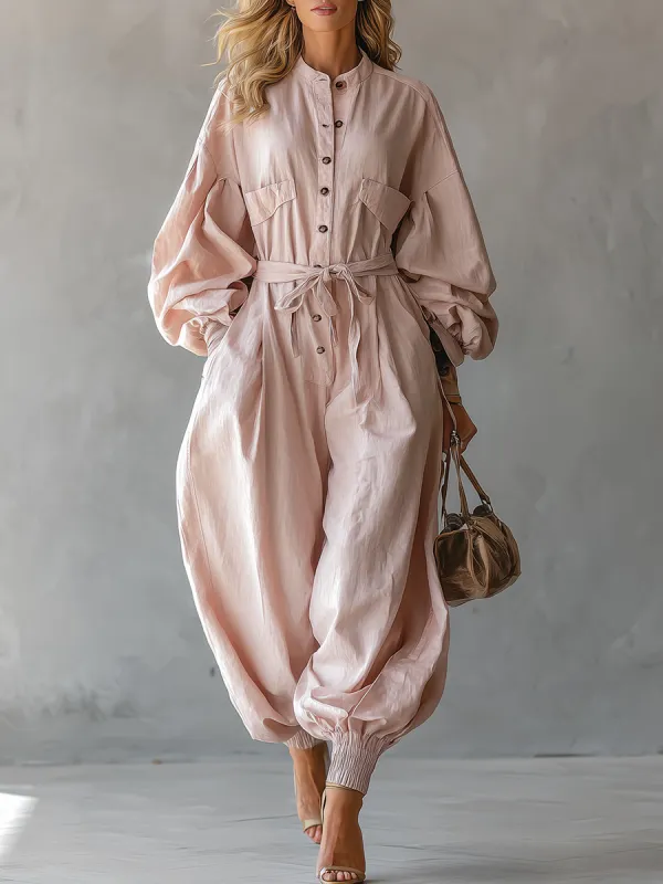 Casual And Stylish Round-neck Tulip-shaped Light Pink Jumpsuit sold by Oyrosy