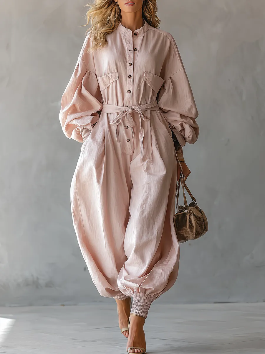 Casual And Stylish Round-neck Tulip-shaped Light Pink Jumpsuit sold by Oyrosy