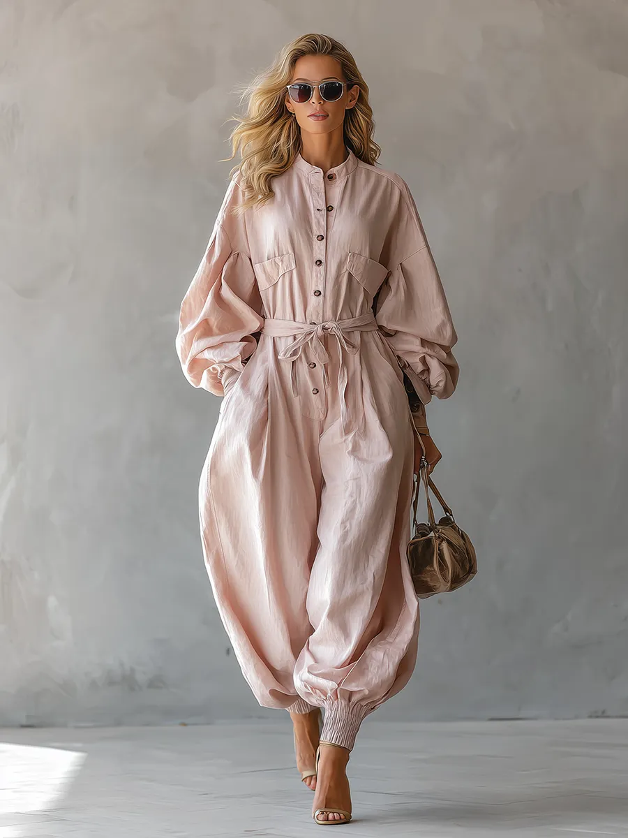 Casual And Stylish Round-neck Tulip-shaped Light Pink Jumpsuit sold by Oyrosy product image thumbnail 2