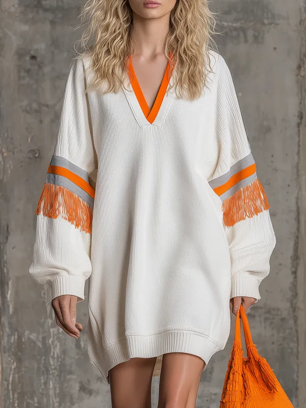 Loose-fitting Sporty V-neck Fringed Color-block Mini Dress sold by Oyrosy