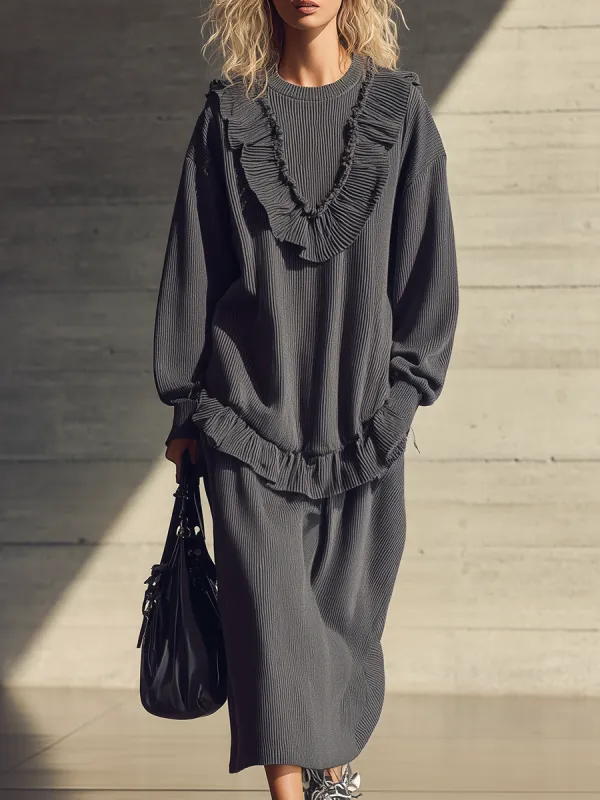 Casual Sporty Top With Ruffle Details And Matching Skirt Set sold by Oyrosy