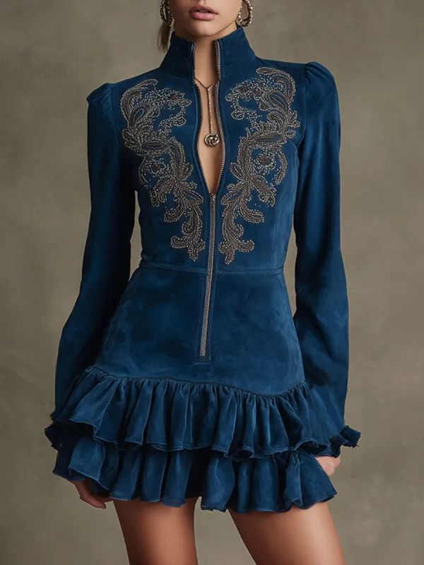 Western-style Vintage Embroidered Dark Blue Faux Suede Ruffled Mini Dress sold by Oyrosy