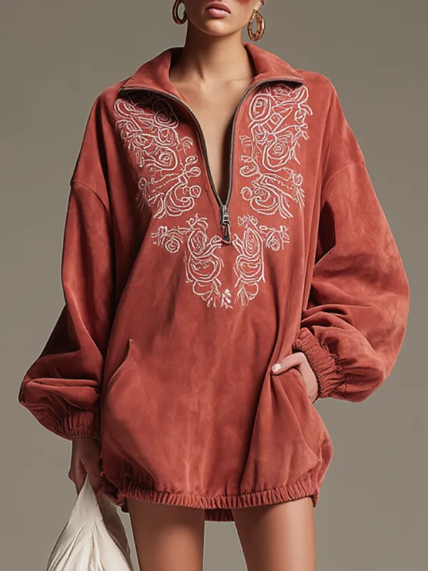 Sporty Retro Long-sleeved Embroidered Brick Red Faux Suede Mini Dress sold by Oyrosy