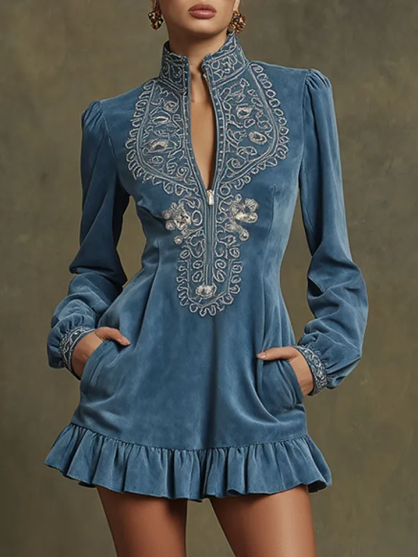 Western-style Retro Zipper Embroidered Blue Faux Suede Ruffle Mini Dress sold by Oyrosy
