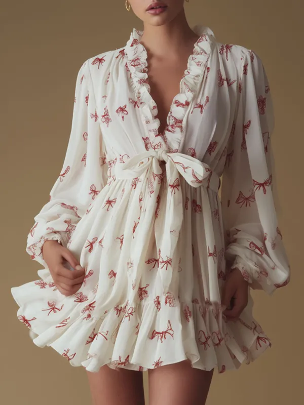 Vintage White Chiffon Bow Print Long-sleeved Ruffle Mini Dress sold by Oyrosy