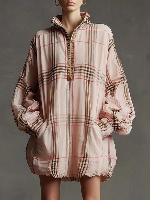 Casual Retro Half-zip Plaid Pink Chiffon Long-sleeved Lace Mini Dress sold by Oyrosy