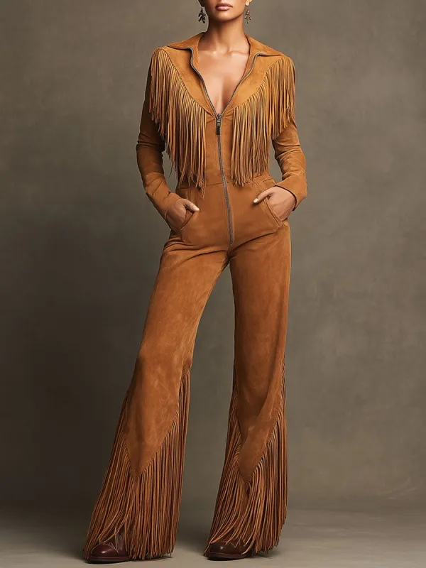 Western Retro Light Brown Faux Suede Zipper Tassel Long-Sleeved Jumpsuit sold by Oyrosy