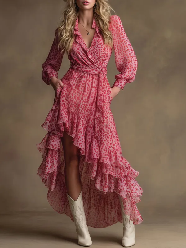 Vintage Pink Leopard Print Chiffon Long-sleeved Maxi Dress sold by Oyrosy