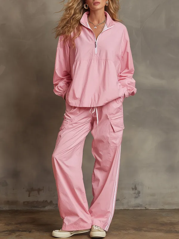 Outdoor Sports Striped Pink Long-sleeved Top And Cargo Pants Set sold by Oyrosy