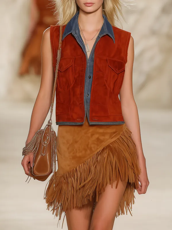 Retro-style Faux Two-piece Vest And Irregular Tassel Faux Suede Skirt Set sold by Oyrosy