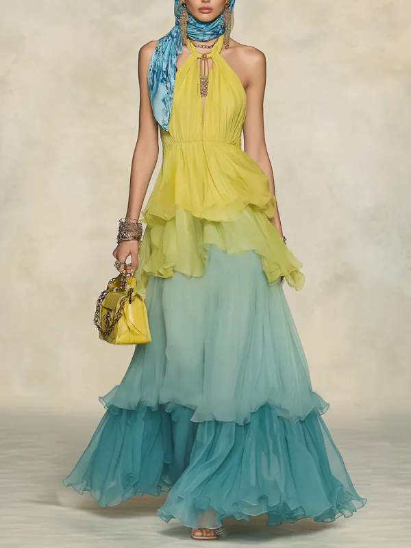 Flowy And Comfortable Halter-neck Sleeveless Layered Chiffon Long Dress sold by Oyrosy