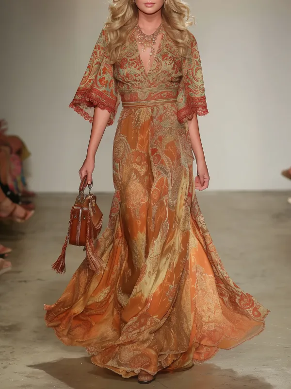 Casual And Relaxed V-neck Three-quarter Sleeve Chiffon Maxi Dress sold by Oyrosy