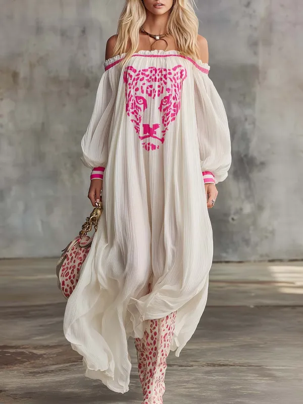Elegant Flowing, Ultra-loose Off-shoulder Pink Leopard Print Off-white Chiffon Maxi Dress sold by Oyrosy