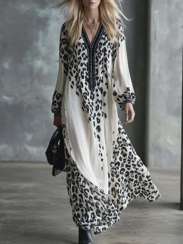 Retro Fashion Flowing V-neck Black Leopard Print White Chiffon Maxi Dress sold by Oyrosy