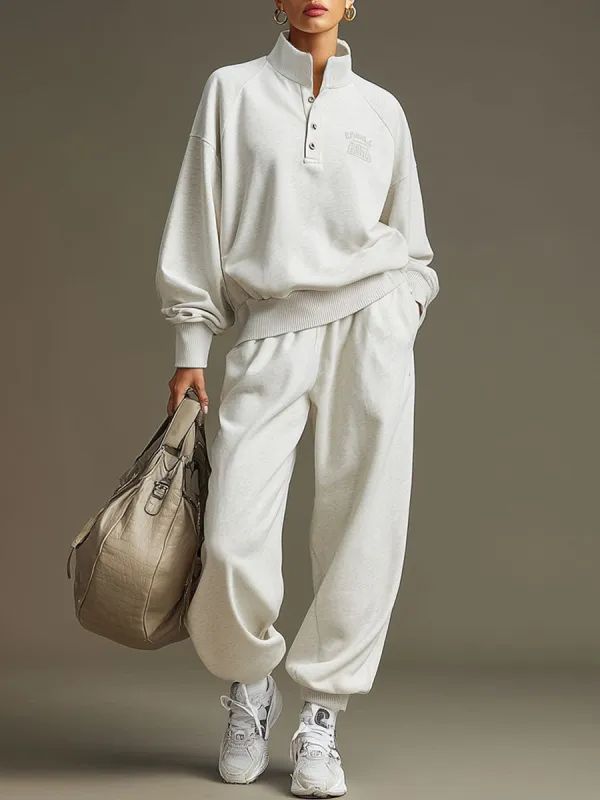 Sporty Retro Light Gray Pure Cotton Embroidered Long-Sleeve Sweatshirt And Sweatpants Set sold by Oyrosy
