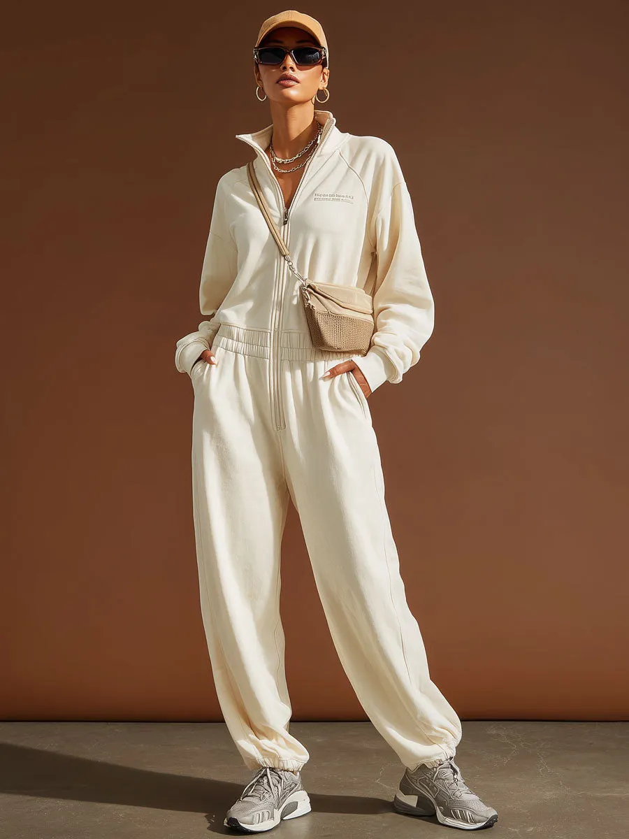 Sporty Retro Embroidered Beige Cotton Long-Sleeved Zipper Jumpsuit sold by Oyrosy product image thumbnail 2
