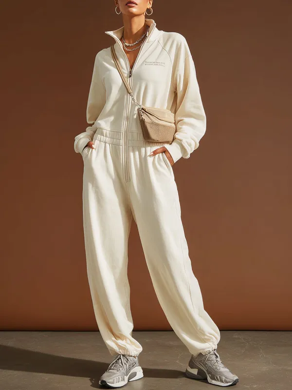 Sporty Retro Embroidered Beige Cotton Long-Sleeved Zipper Jumpsuit sold by Oyrosy