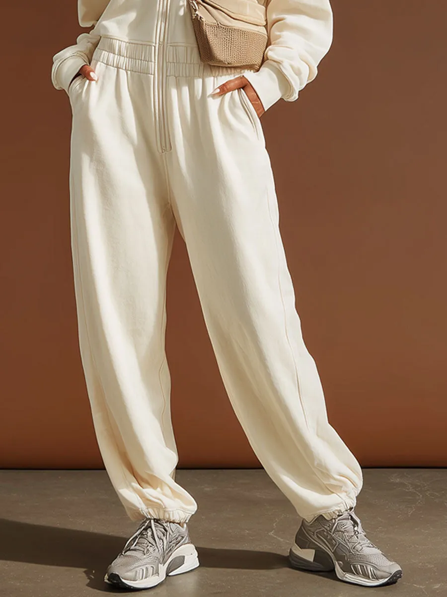 Sporty Retro Embroidered Beige Cotton Long-Sleeved Zipper Jumpsuit sold by Oyrosy product image thumbnail 4