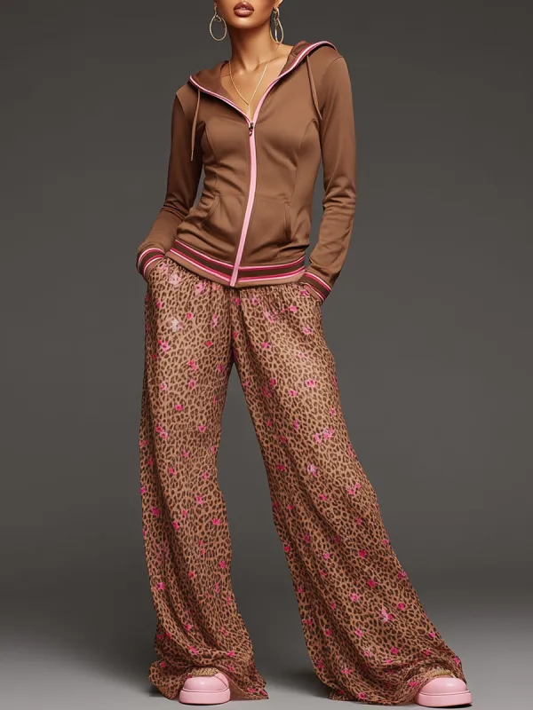 Sporty Retro Brown Hooded Sweatshirt With Leopard Print Chiffon Wide-Leg Pants Set sold by Oyrosy
