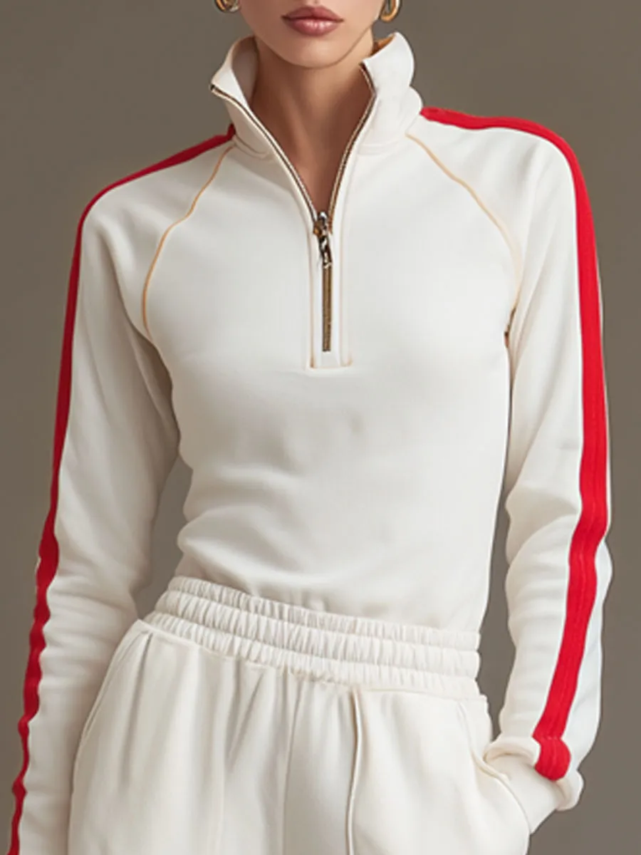 Sporty Retro Red Trim White Cotton Half-Zip Long-Sleeve Sweatshirt And Shorts Set sold by Oyrosy product image thumbnail 3