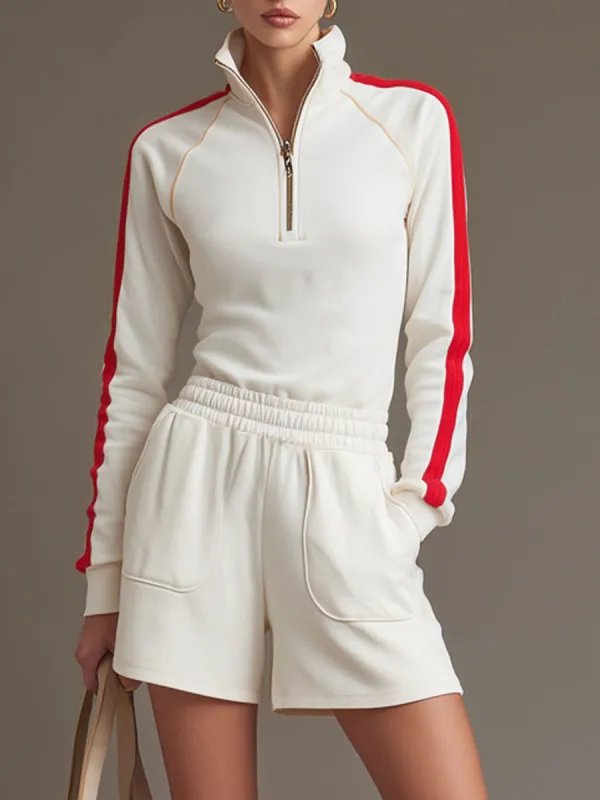 Sporty Retro Red Trim White Cotton Half-Zip Long-Sleeve Sweatshirt And Shorts Set sold by Oyrosy