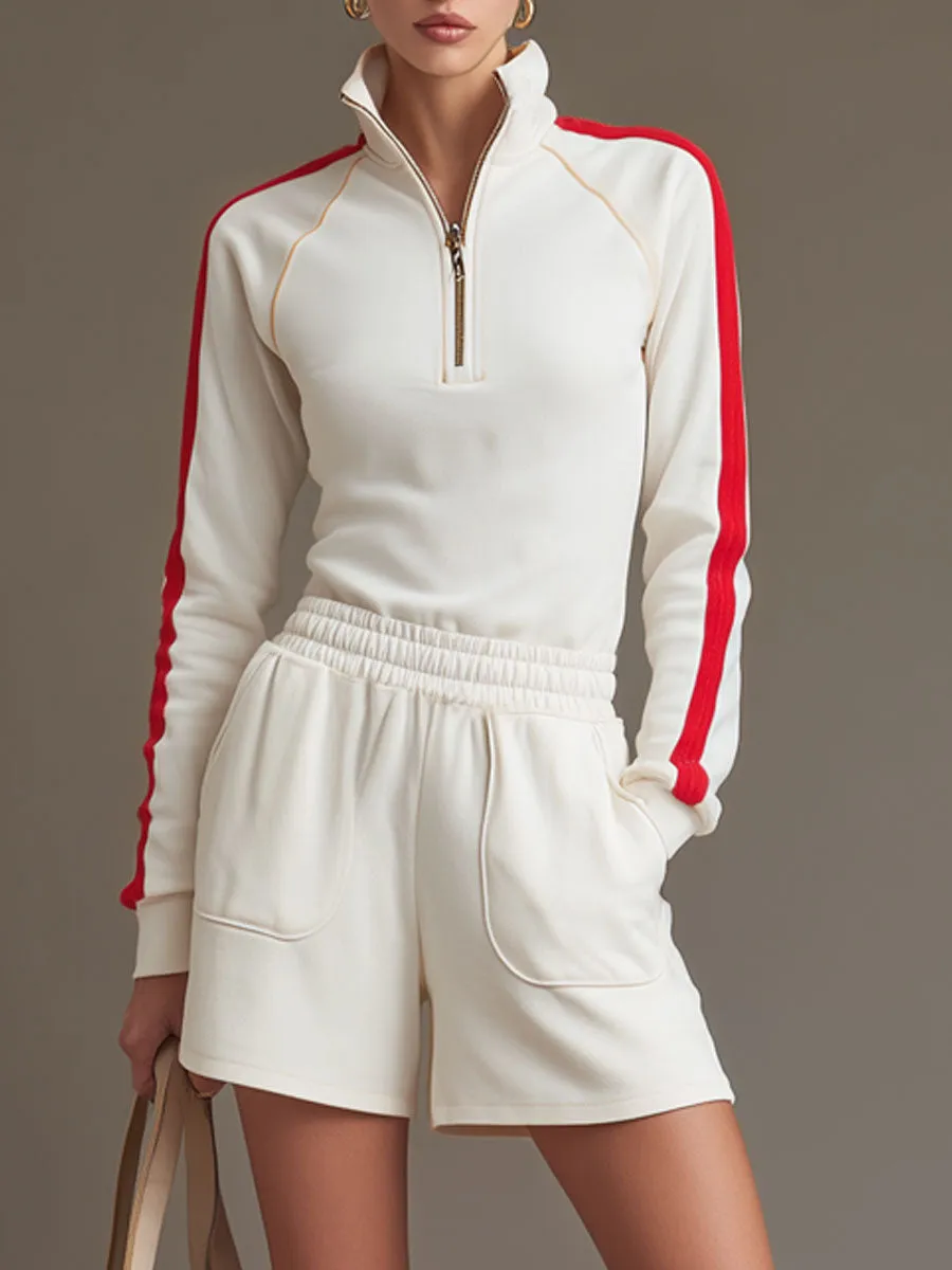 Sporty Retro Red Trim White Cotton Half-Zip Long-Sleeve Sweatshirt And Shorts Set sold by Oyrosy