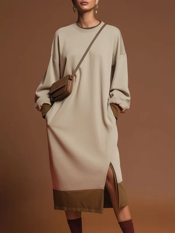 Sporty Retro Apricot Cotton Long-Sleeved Slit Midi Dress sold by Oyrosy