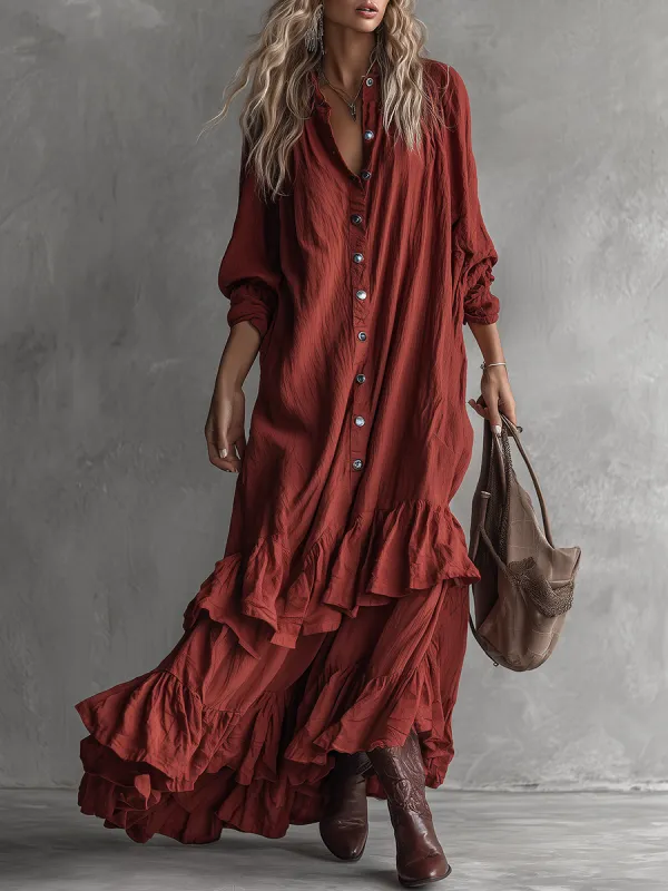 Vintage Western-style Ruffled Red Shirt Maxi Dress sold by Oyrosy
