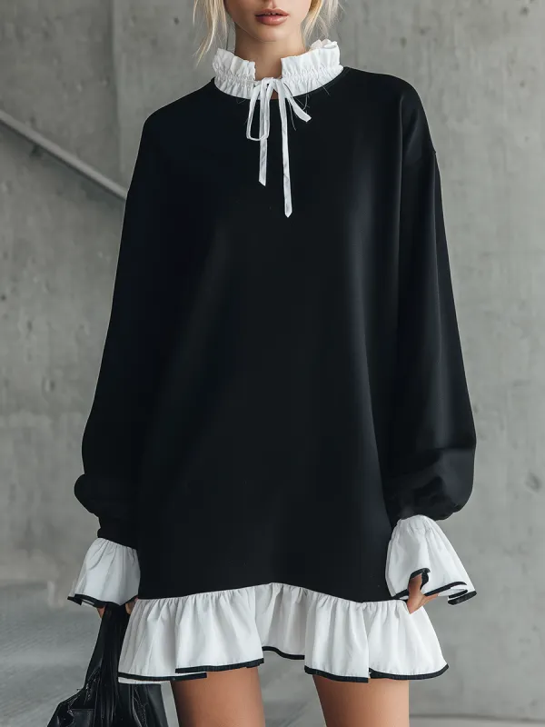 Stylish And Sporty Color-blocked Ruffled Collar And Hem Black Mini Dress sold by Oyrosy