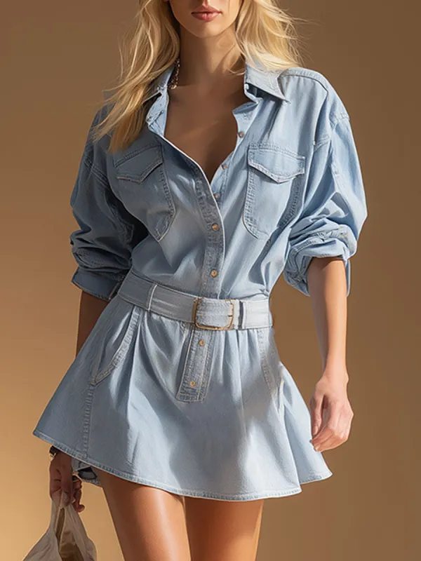Casual Retro Blue Denim Long-sleeved Mini Dress sold by Oyrosy