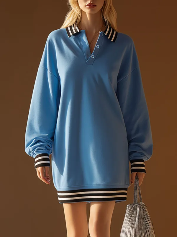 Stylish And Casual Black And White Ribbed Collar Blue Sweatshirt-style Mini Dress. sold by Oyrosy