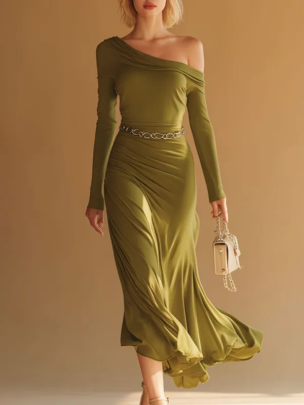 Stylish And Sexy One-shoulder Green Cotton Midi Dress sold by Oyrosy
