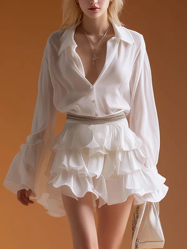 Stylish And Elegant White Shirt-style Ruffled Chiffon Mini Dress sold by Oyrosy
