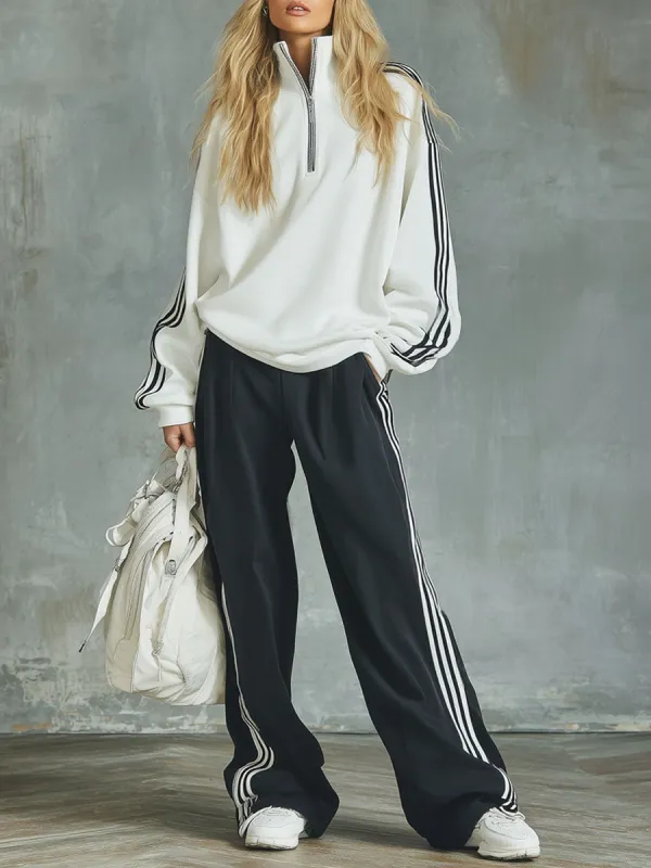 Sporty Stand-collar Zip-up Top And Trousers Casual Set sold by Oyrosy