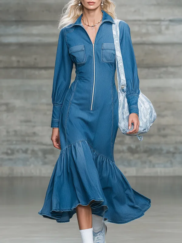 Stylish Blue Denim Zip-up Midi Dress With Ruffle Details. sold by Oyrosy